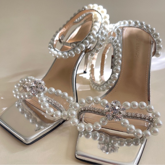 MACH & MACH Pearl Bow Square Toe Sandals in Silver Leather - Picture 8 of 14